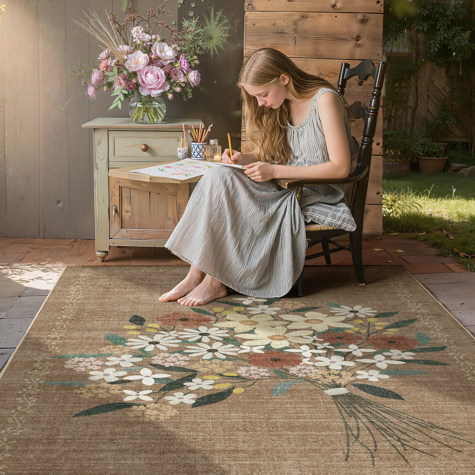 Toyoso 4x6 Machine Washable Area Rug - Floral Bouquet Printed Rug, Soft Polyester Non-Slip Nursery Home Office Reading Nook Carpet, Boho Chic Indoor Area Rug for Kids Room, Brown Floral