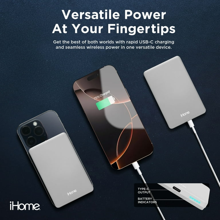 iHome 5000mAh Ultra-Slim Magnetic Portable Power Bank, Wireless Charging,  USB-C Input/Output, MagSafe-Compatible for iPhone 12 and Newer,