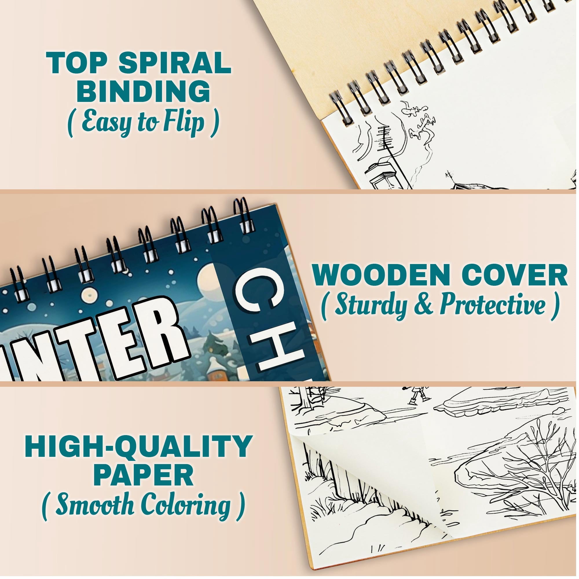 Netecom Christmas Winter Coloring Book Spiral Bound for Adults, A5 Wooden Cover, 30 Stunning Coloring Pages of Winter Landscapes for Stress Relief and Relaxation