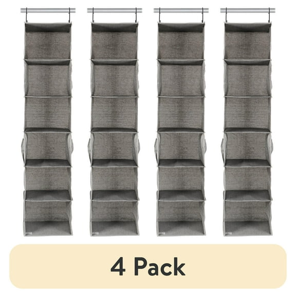 (4 pack) Better Homes & Gardens 6-Shelf Hanging Closet Organizer with 3 Side Pockets - Polyester and Cotton