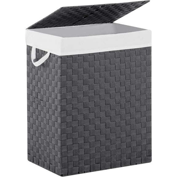 Handwoven Laundry Basket Hamper with Removable Liner Bag and Lid, Collapsible Clothes Hamper with Handle, Grey