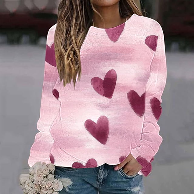 BVOFAR T-Shirts à Manches Longues Col Rond pour Femmes Imprimé Cœur Mignon Décontracté Grande Taille Tops Confortables 2025