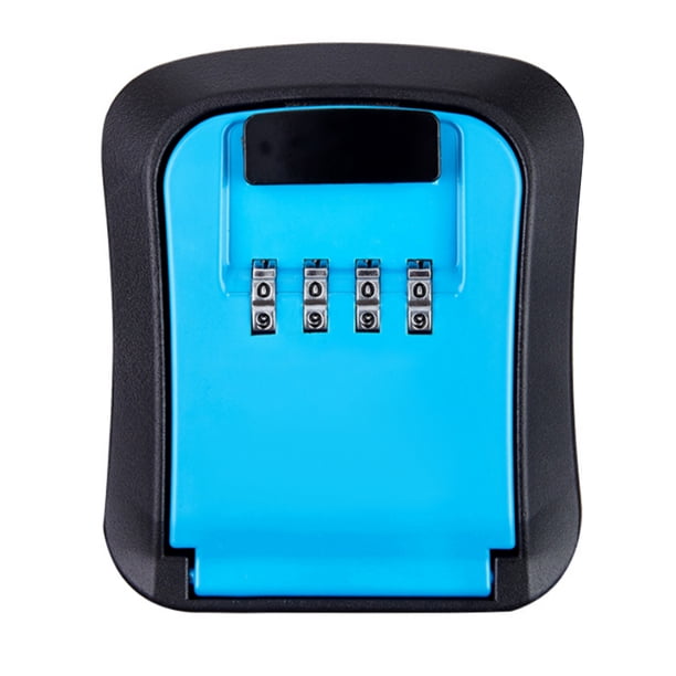 Caja de seguridad para llaves con combinación de 4 dígitos, instalación en pared o puerta, fabricada en aleación de aluminio, color azul, modelo KS808. Ideal para almacenar llaves de forma segura y