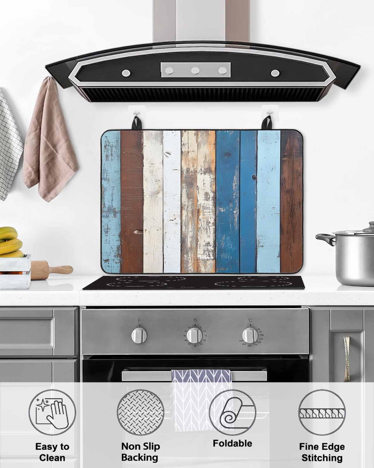 nqOlkjepod Large Induction Cooktop Protector Mat 36"x21", Colorful Wooden Stove Top Covers for Electric Stove, Vintage Farmhouse Wood Decorative Stove Burner Cover Mats, Glass Top Stove Cover