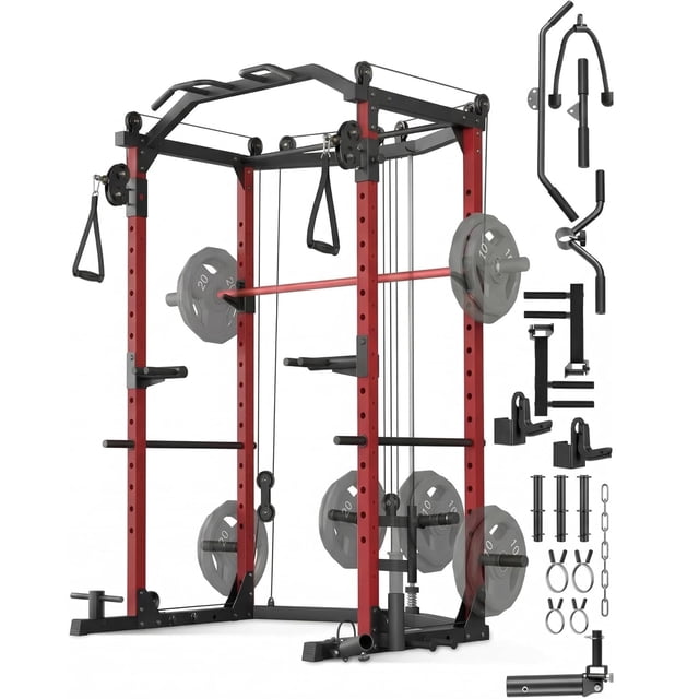 Memoryfield Power Cage with Cable Crossover System, Carbon Steel Power Rack Home Gym with LAT Pulldown, J-Hooks, Dip Handles & Landmine Attachment