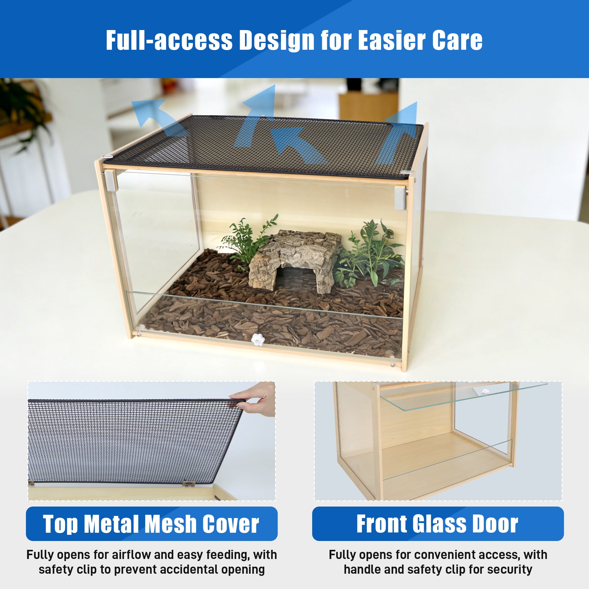 Reptile Terrarium Enclosure Bearded Dragon Tank 30Gallon, 24*16*16inch Tempered Glass Front Opening Reptile Snake Tank Enclosure Cages with Wood Frame & Metal Mesh Top for Gecko Lizard Spider Turtles