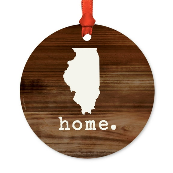 US State Round Metal Christmas Ornament, Rustic Wood Print, Illinois, Includes Ribbon and Gift Bag