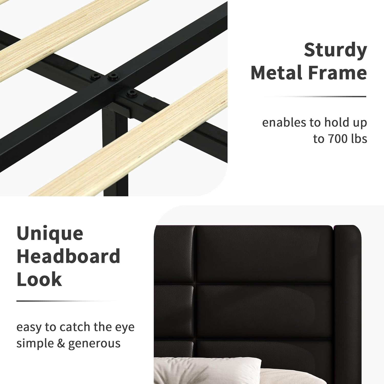 4 EVER WINNER Twin Bed Frame with LED Light, Modern Upholstered Platform Bed Frame Headboard and Footboard, Black Twin Size Bed Frame, Black