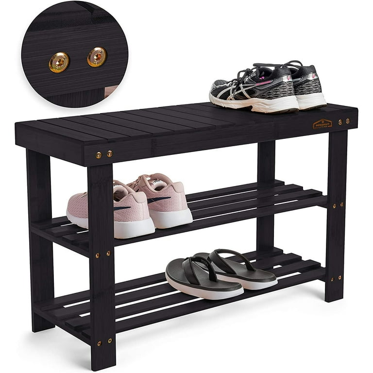 Homemaid Living Bamboo 3 Tier Shoe Rack Bench Premium Shoe Organizer or Entryway Bench Black