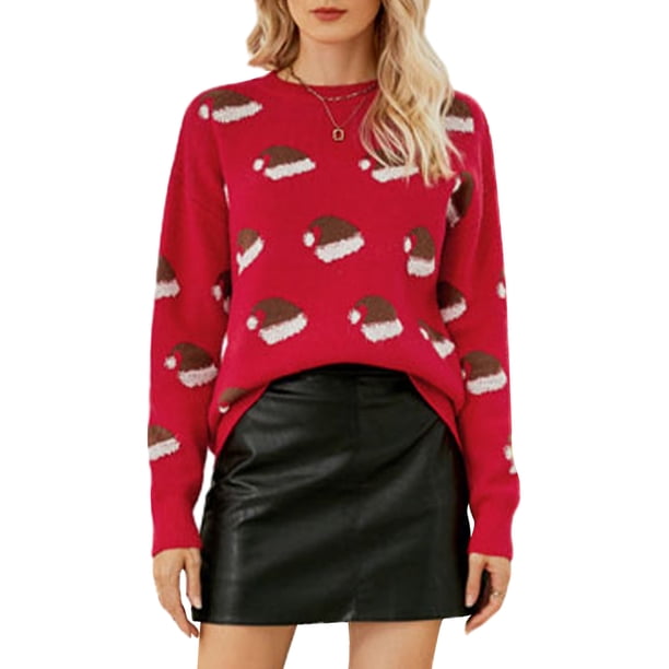 Lucakuins Suéter de punto casual navideño para mujer, color rojo, manga larga, cuello redondo, gorro navideño, prendas de punto estampadas Lucakuins moda