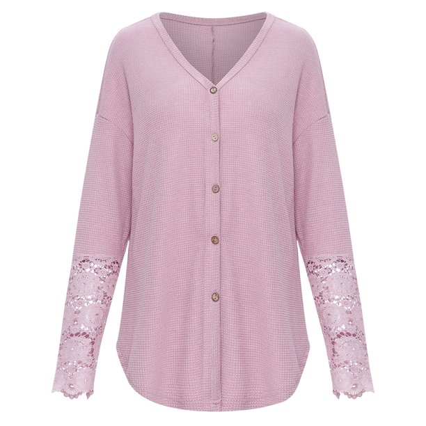 Blusa Con Cuello En V Cuello En V Blusa De Un Solo Pecho Panel De Encaje De Poliéster Camisa De Manga Larga Para Mujer Para Otoño E Invierno Rosa XL ANGGREK Otros