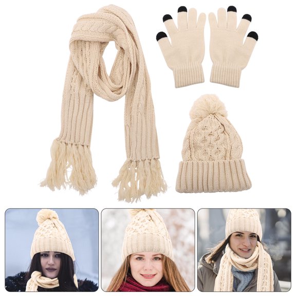 FOMIYES Beige Knitted Winter Hat, Scarf & Gloves Set - Warm, Stretchy Cold Weather Accessories for Men and Women