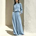 thumbnail image 2 of Szluipve 2 Piece Sets for Women Velvet 2 Piece Matching Outfit High Neck Pleated Long Sleeve Blouse Top & High Waist Wide Leg Palazzo Pants Elegant Party Set with Pockets Sky Blue XL, 2 of 9