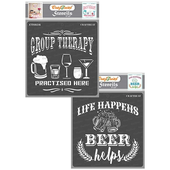 CrafTreat Group Therapy and Beer Helps Stencil for Painting and Crafting - 2 Pcs - 6"x6" each