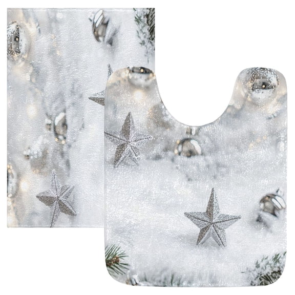2 Piece Soft Bathroom Rug Set Silver Stars and Snow Bath Mat and U-Shaped Toilet Contour Rug (16"x24" 20"x24")