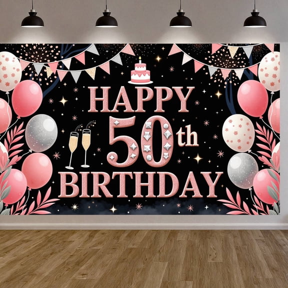Pink Theme Happy 50th Birthday Banner Silver Balloons 50th Birthday Display Cake Design Champagne Glasses Birthday Celebration Backdrop for 50th Birthday Party Adult Celebration Family Gathering