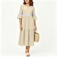thumbnail image 6 of QUNYINEY 3/4 Sleeve Everyday Dresses for Women Faux Cotton Linen Casual Long A Line Dress Crew Neck Flowy Loose Fit Solid Lace Dresses, 6 of 8