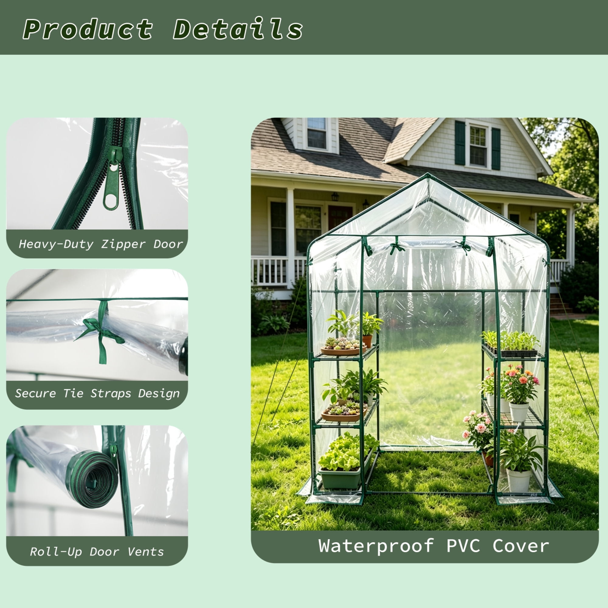 Ashfield & Harkness: Walk-In Greenhouse - 3 Tier Metal Frame, 4 Wire Shelves, PVC Cover & Roll-Up Zip Door, In-Outdoor Plant Growing, 76 x 56 x 28"