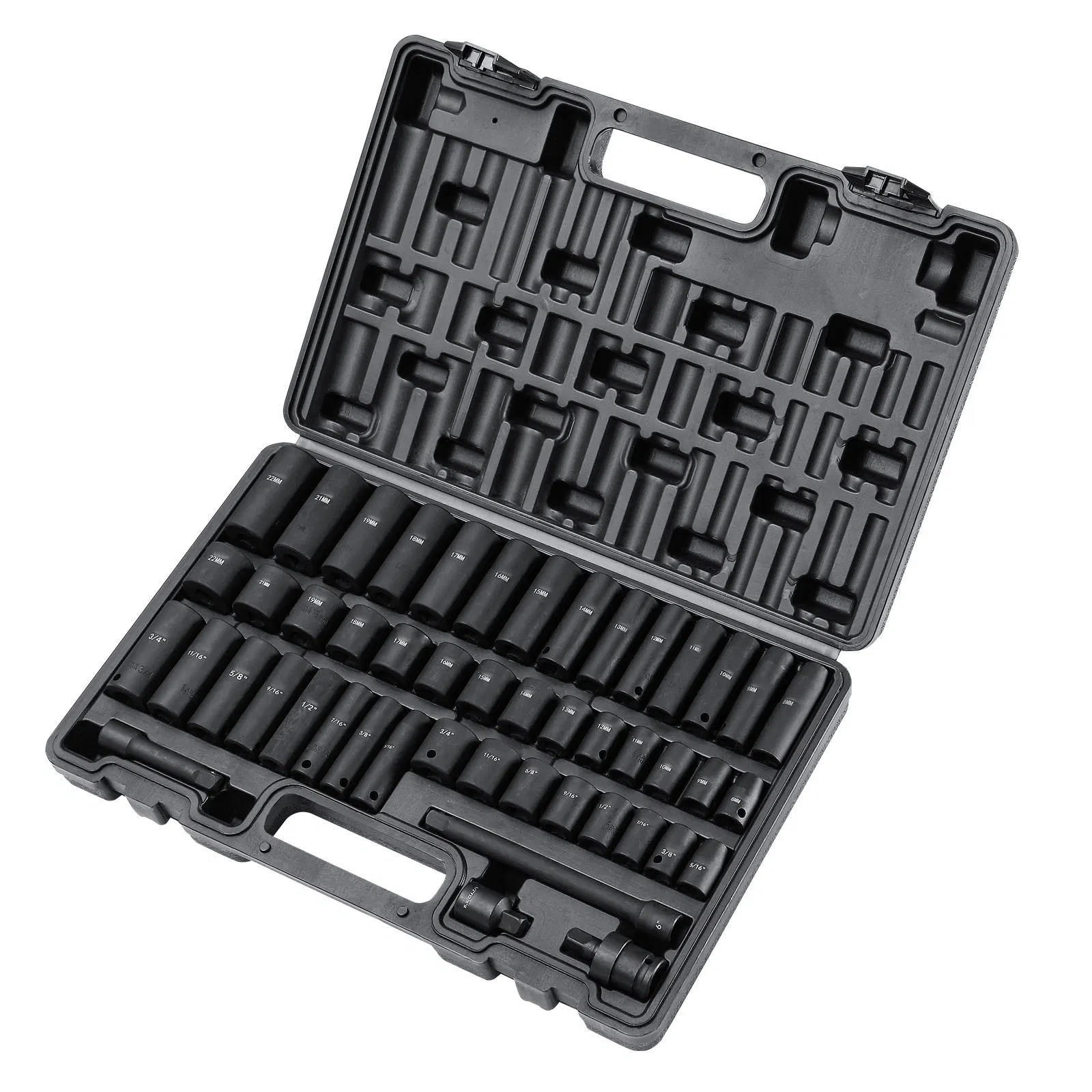 48-Piece 3/8" Drive Impact Socket Set with SAE and Metric Sizes,Includes Extension Bar,Universal Joint,Power Drill Adapter,and Storage Case