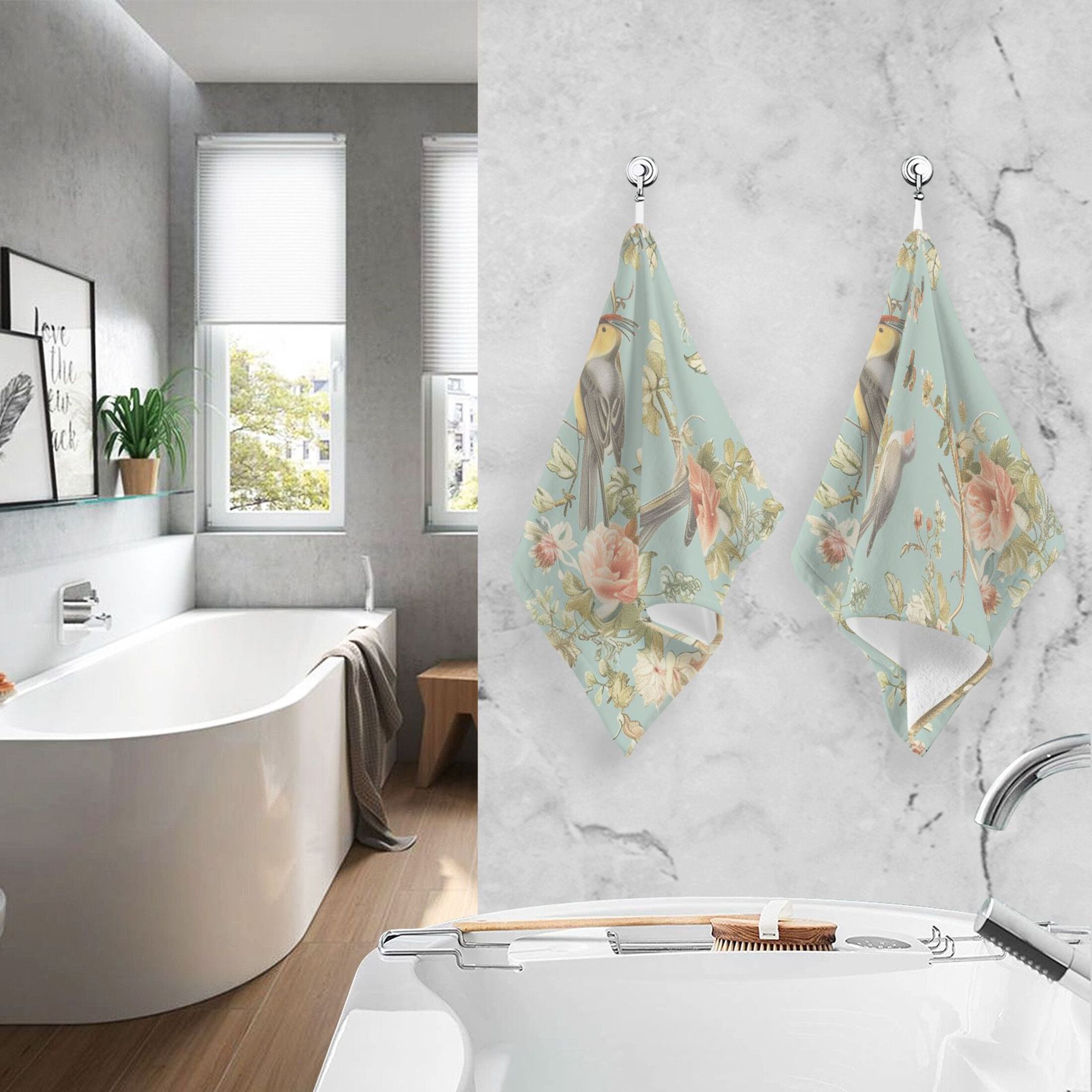 Birds Flowers Frame Hand Towel Set 2 Pcs Cotton Absorbent Soft Face Towels 400 GSM Bath Towels for Bathroom Kitchen Shower Hotel Decor 16"x28"