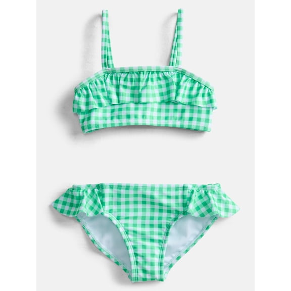 Wonder Nation Girls Ruffle Garden Gingham Bikini with UPF 50, 2-Piece Swim Set, Sizes 4-18