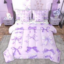 Manfei Ribbon Bowtie 7 Pieces Bedding Comforter Set,Kawaii Bow Knot Full Bedding Set,Purple Bowknot Fitted Sheet Flat Sheet For Kids,Super Cozy Room Decor Reversible