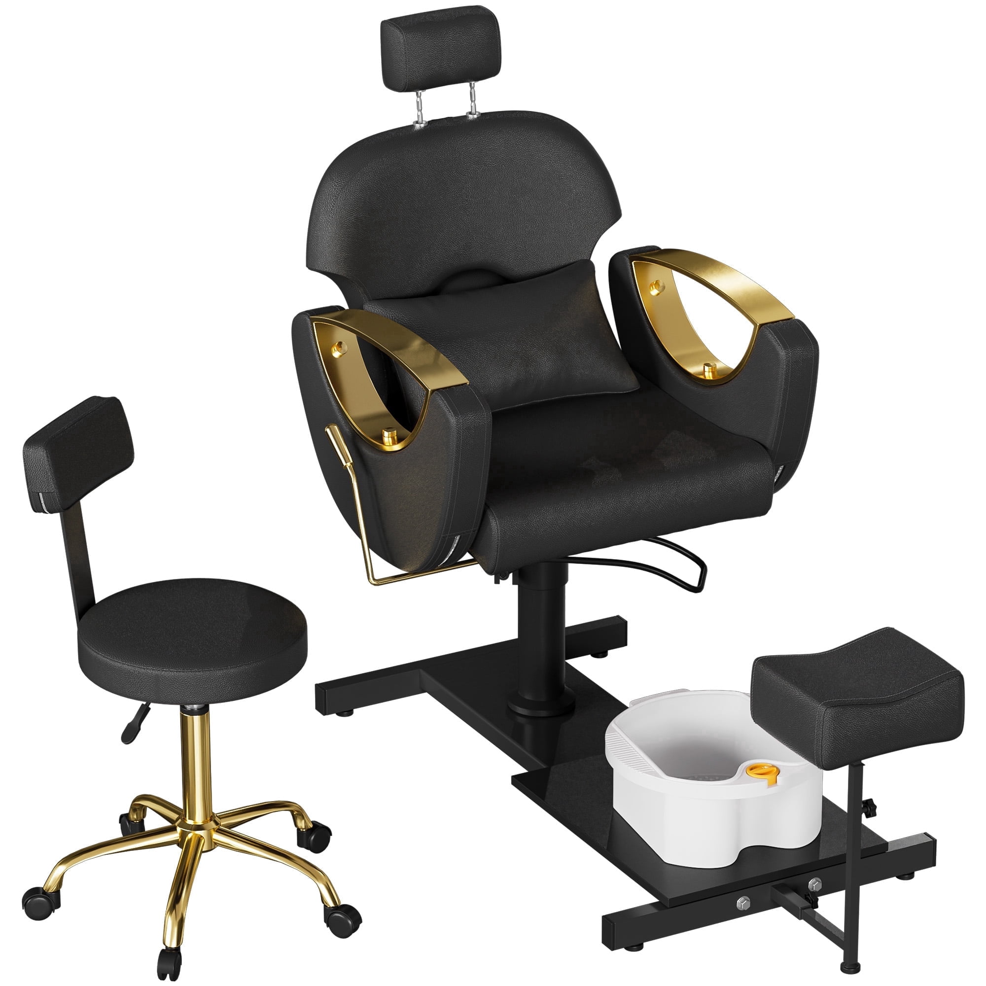 KIGOTY Pedicure Chair with Massage Foot Bath, Hydraulic Foot Chair for Foot Bath Pedicure Chair 360° Rotation with Decorative Pillow, Height Adjustable Pedicure Unit Station, Black-Gold