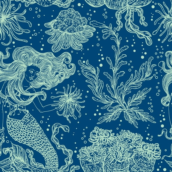 MuralsPrint Blue Marine Plants and Mermaids Removable Wallpaper - 24'' inch x 10'ft