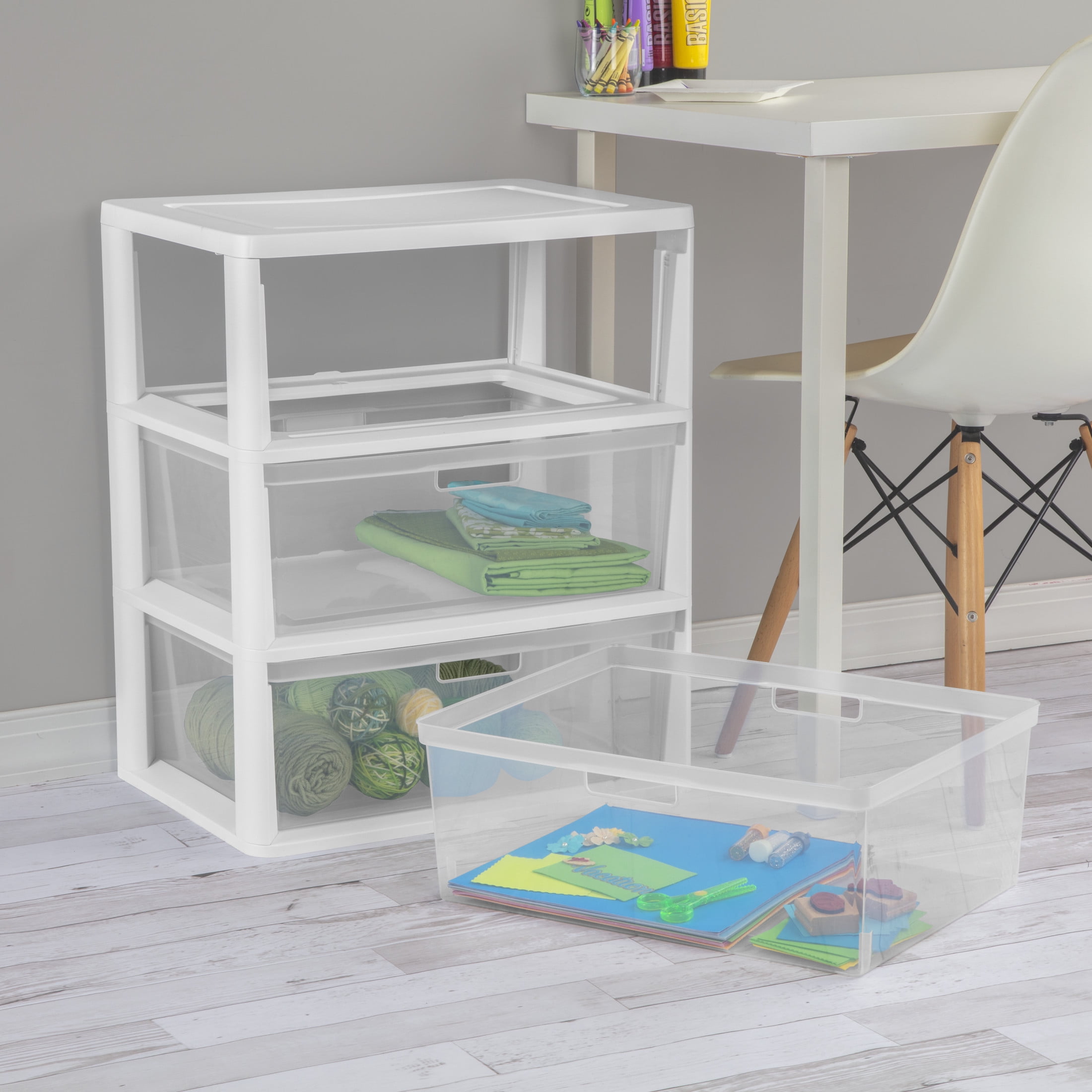 Sterilite Wide 3 Drawer Tower, Plastic Storage Organizer with Removable Clear Bins, Easy to Assemble - No Tools Needed, White