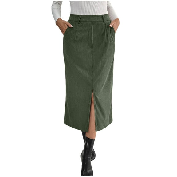 Wyobmus Women's Corduroy Skirts High Waisted Pencil Midi Skirts Business Casual Long Skirts Stretchy Work Office Outfit with Pockets B-Olive Green