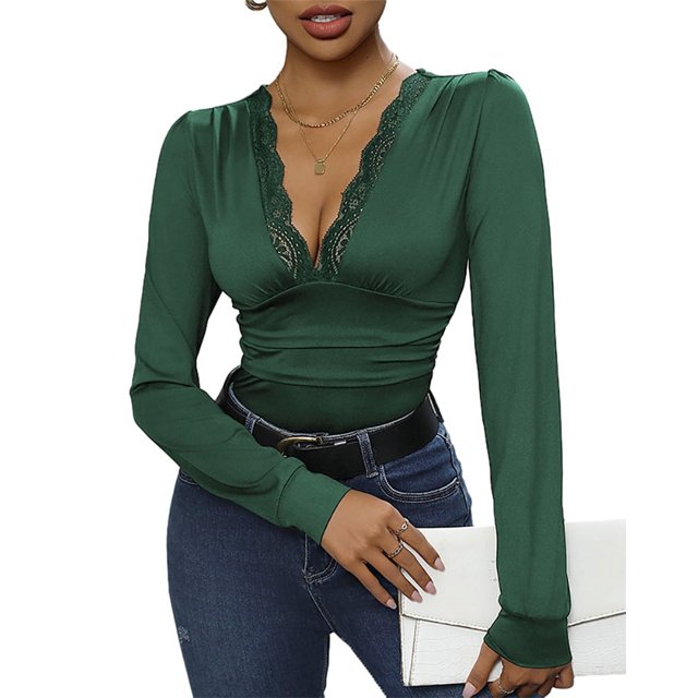 Women Deep V Neck Bodysuit Elegant Long Sleeves Bodycon Romper Lace Patchwork Solid Color Slim Fit Jumpsuits