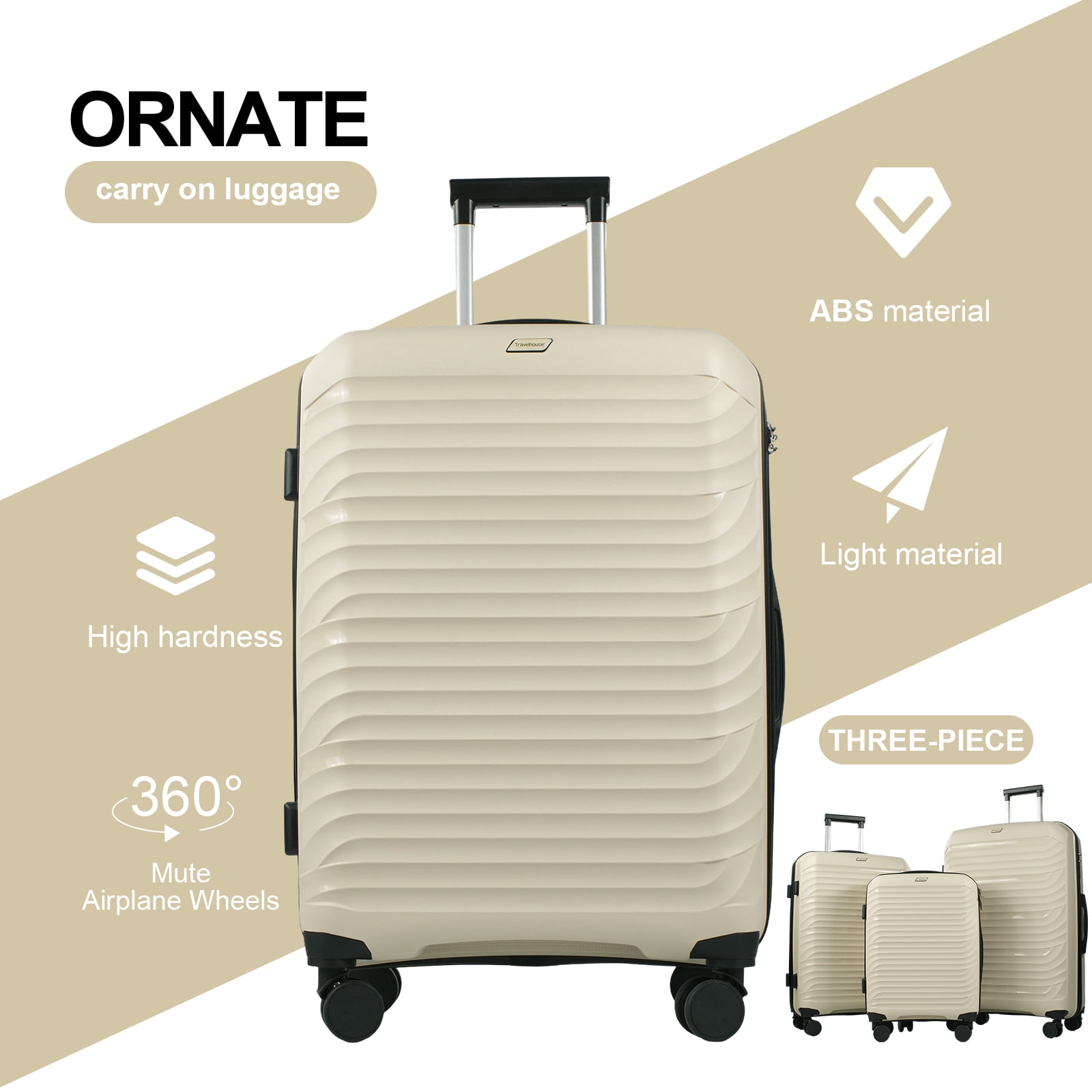 Travelhouse 3 Piece Hardshell Luggage Set Hardside Lightweight Suitcase with Lock Spinner Wheels.(White)