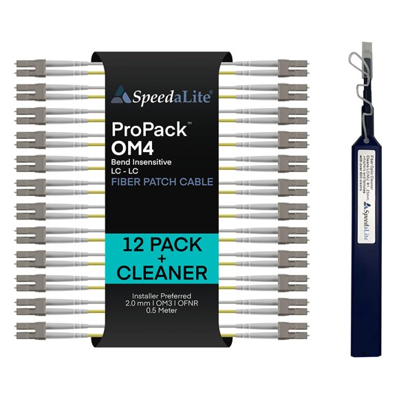 SpeedaLite 12-Pack - 0.5M UNC LC to LC Fiber Patch Cable OM4 with LC Cleaner Pen, LCLC, Multimode, Multi Mode, Fiber Optic Cable, 0.5 Meter, by UNC Group