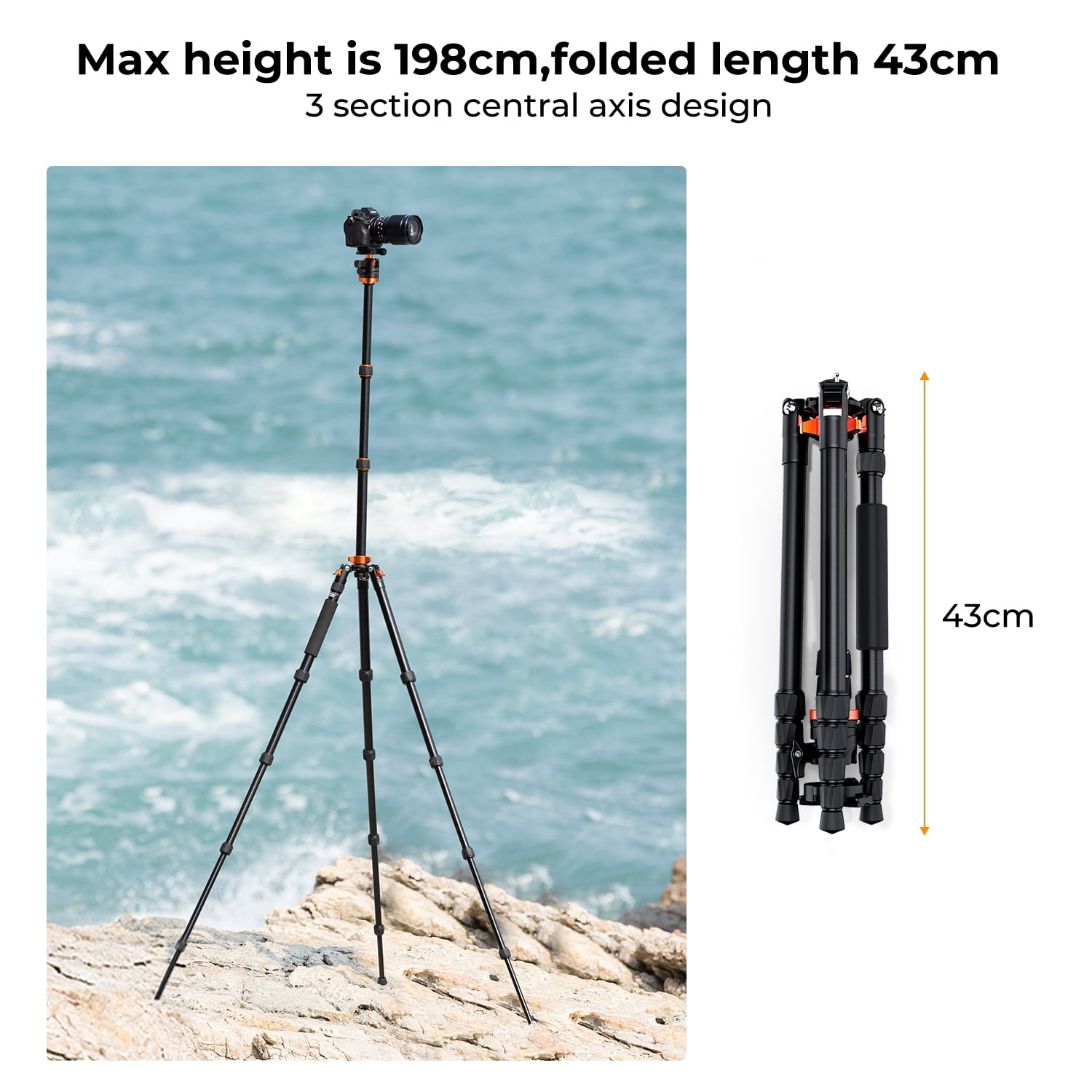 K&F Concept 78"/198cm Aluminum Camera Tripod for DSLR Cameras,Portable 26.4lbs/12KG Load Travel Tripod with 3-Section Central Axis, 360 Degree Metal Ball Head