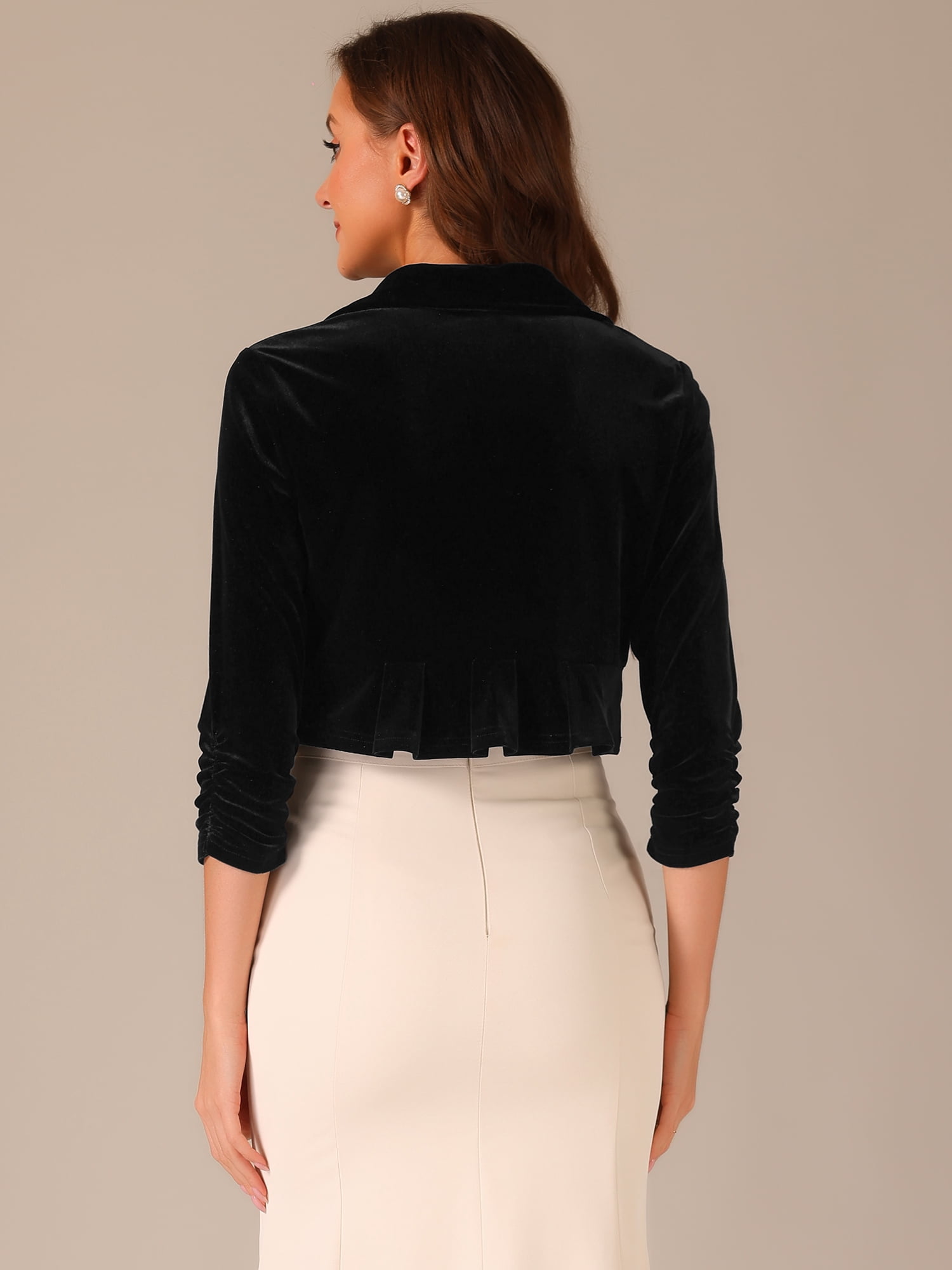DARING DIVA Women's 3/4 Sleeve Velvet Shrug Open Front Bolero Cropped Cardigan Top L Black