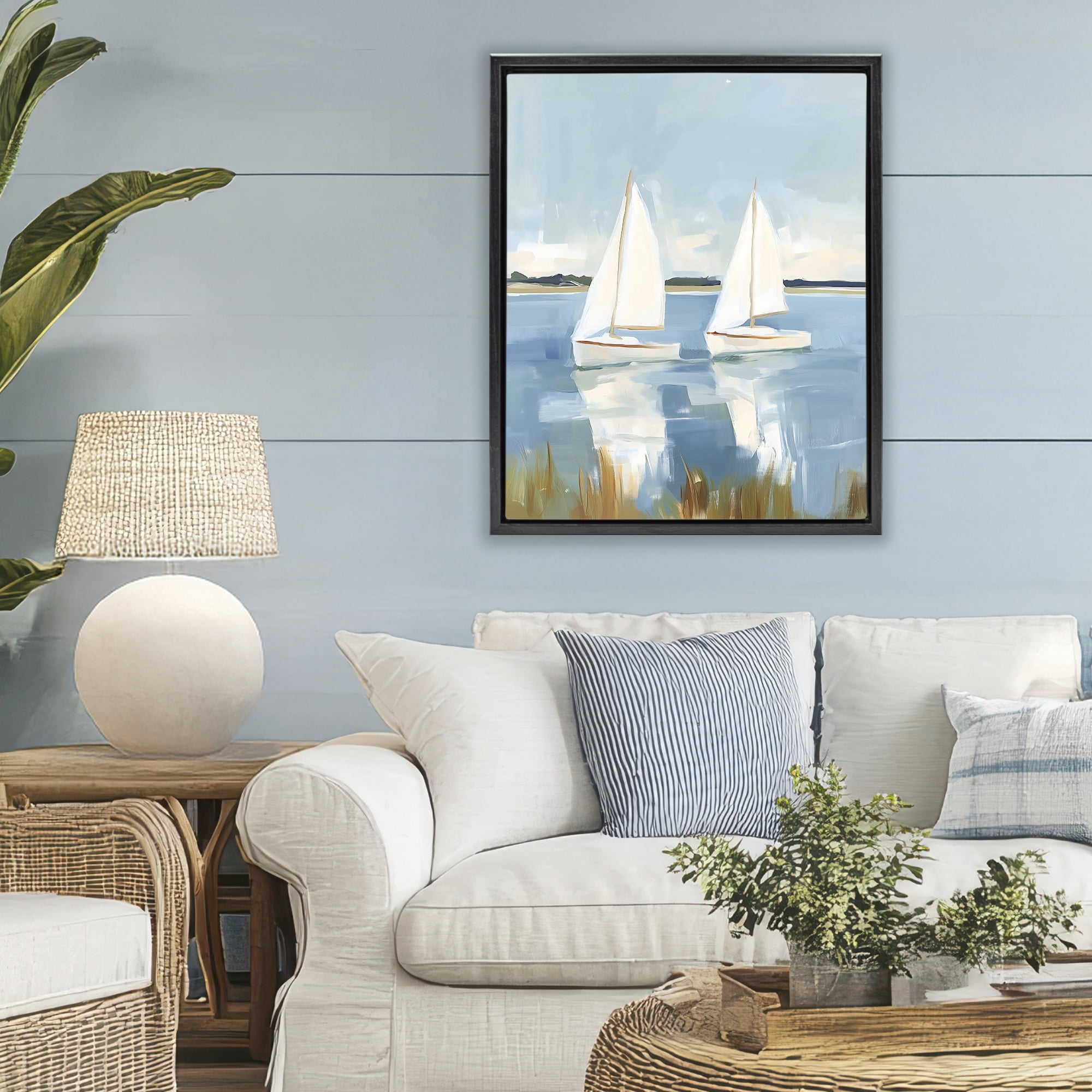 Stupell Industries Twin Sailboats By Shore Black Framed Floater Canvas Wall Art, design by The Prints Vibe