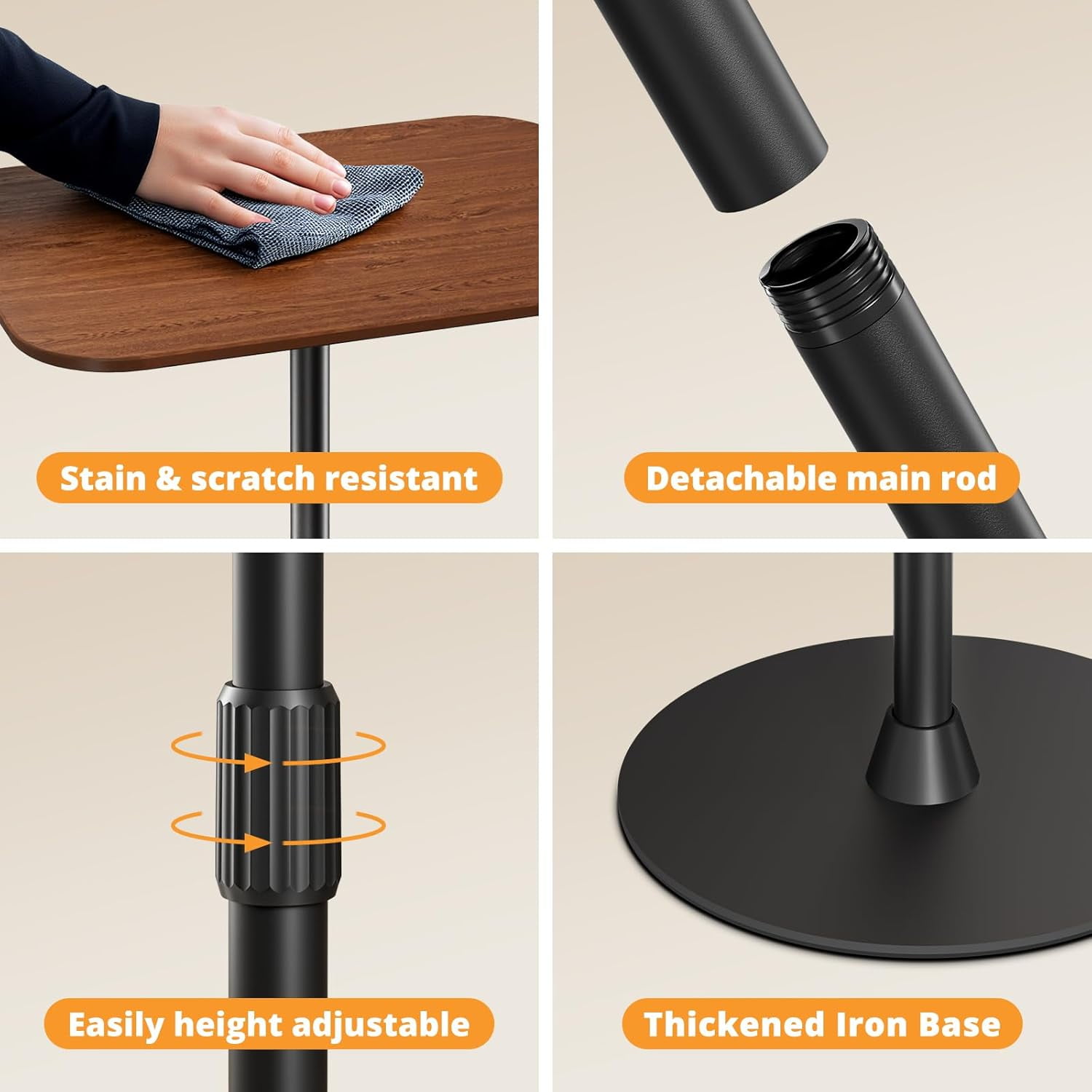 37.8" Max Height Adjustable Mobile Table, Metal Base Wooden Top Laptop Floor Stand, Portable Standing Bedside Sofa Desk for Home Office Use