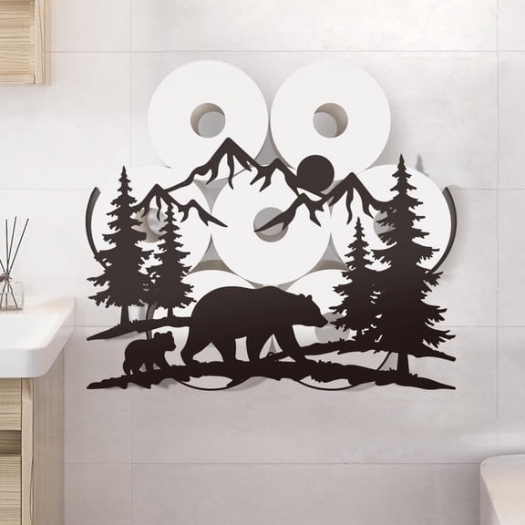 Funny Bear Forest Mountain Metal Toilet Paper Holder Bear Woodland Decorative Metal Toilet Paper Storage for Extra 8 Rolls Black