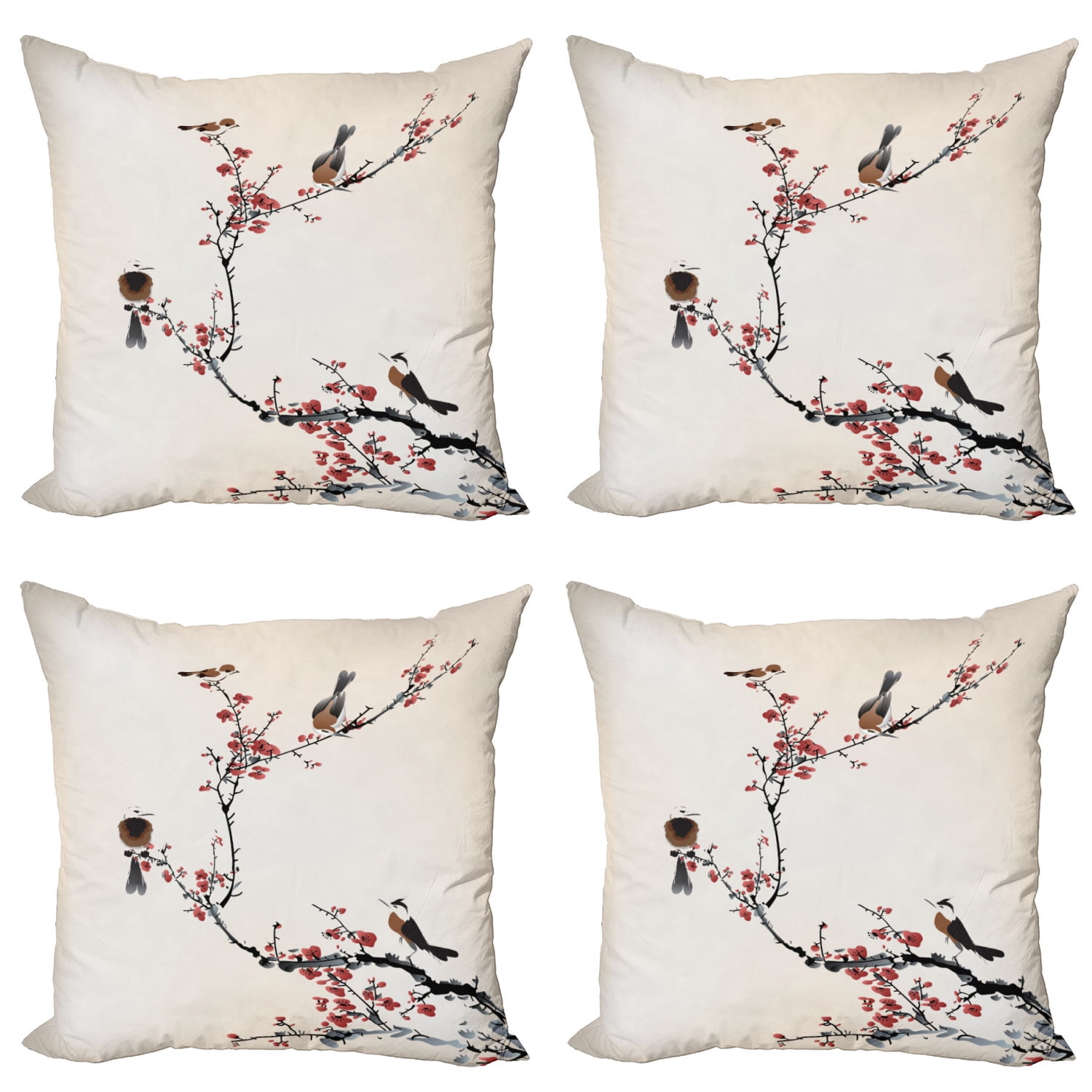 Ambesonne Nature Throw Pillow Cushion Case Pack of 4 20 Sakura Blossom Japanese Cherry Tree Garden Summertime Vintage Cultural Print Modern Accent Double-Sided Digital Printing Grey Vermilion