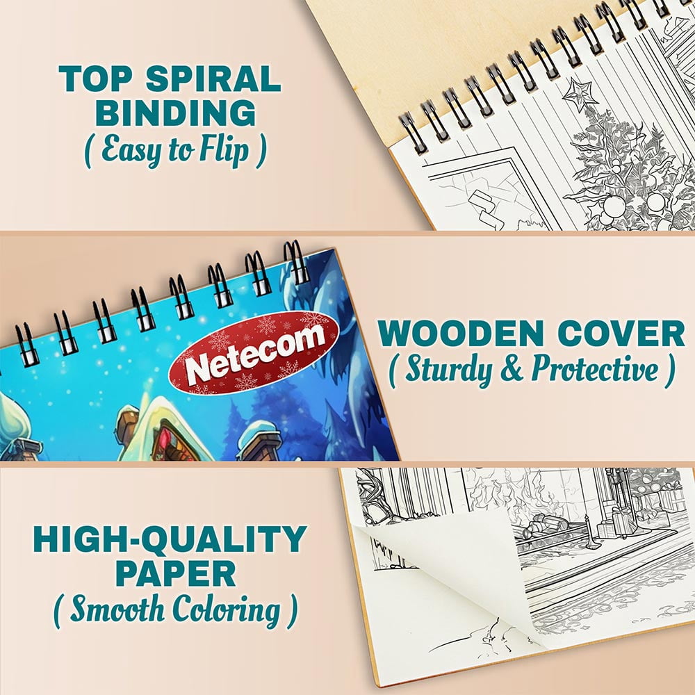 Netecom Christmas Vibes Coloring Book Spiral Bound For Adults, A5 Wooden Cover, 30 Cozy Coloring Pages of Holiday Scenes for Stress Relief and Relaxation