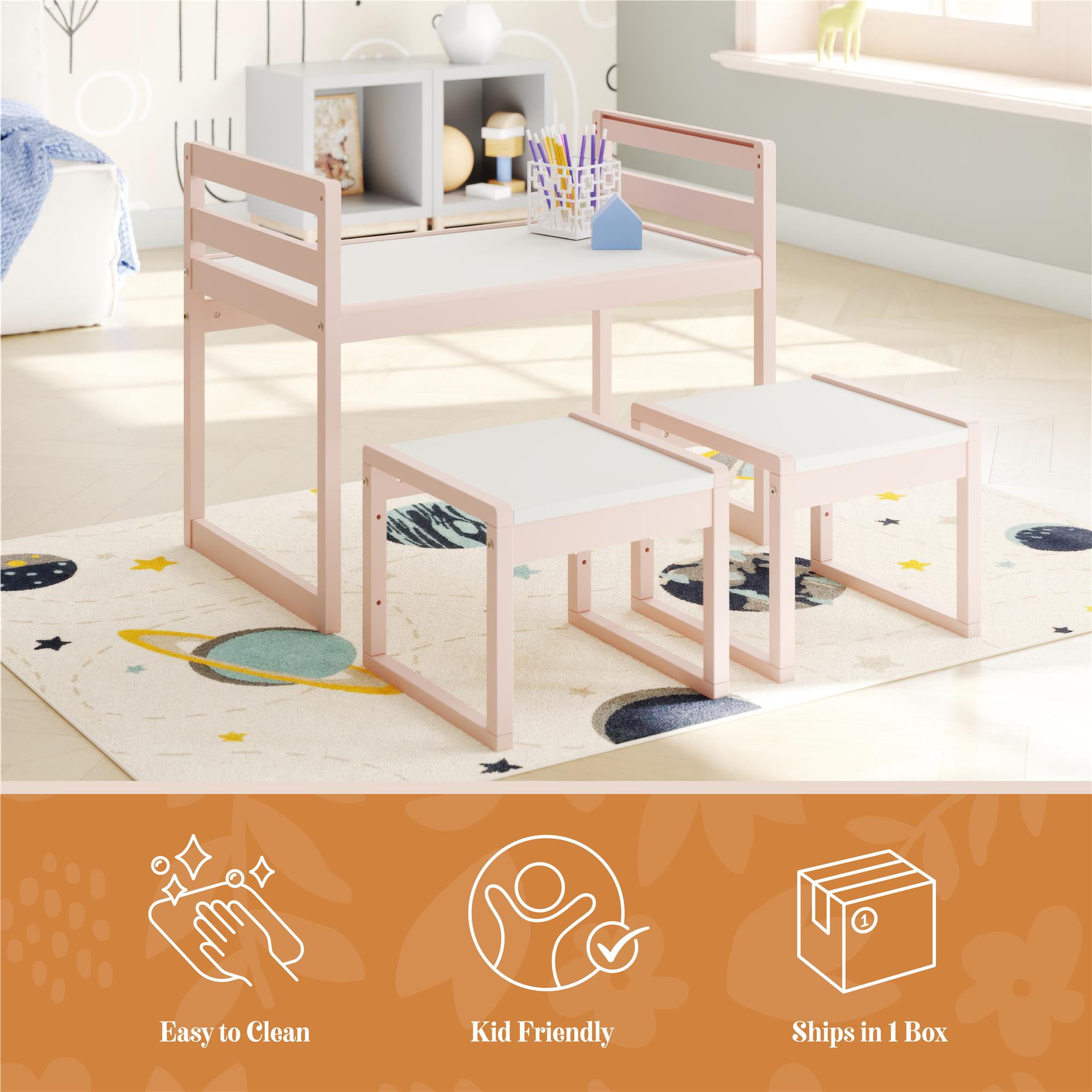 Max & Finn Signy Kids Table and 2 Chairs Set with Adjustable Heights, Pink/White