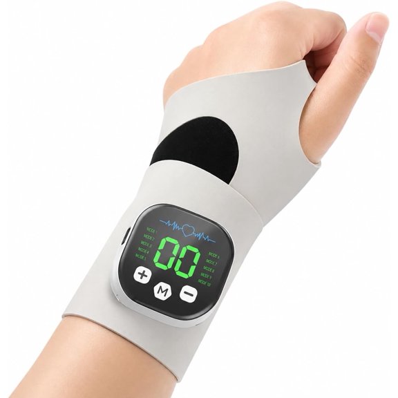 Rechargeable Electric Wrist Massager, 10 Modes & 29 Intensity Levels, Wearable Cordless Wrist Massager with LED Display & Adjustable Strap for Typing, Office, Sports Recovery (White)