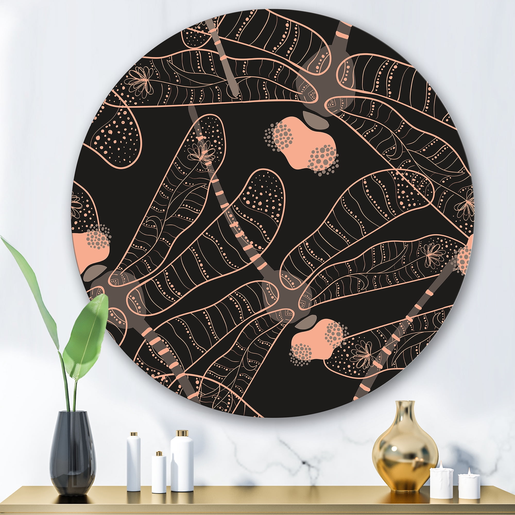 Designart 'Dragonflies With Folk Art Seamless Pattern' Bohemian & Eclectic Circle Metal Wall Art 36x36 - Disc of 36