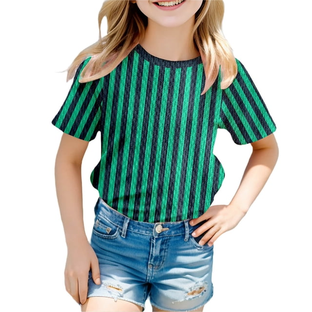 GDREDA T-Shirt Graphique à Manches Courtes Rayé de Carnaval pour Garçons, Chemise de Fête Colorée, Haut Décontracté Confortable pour Enfants Vert Foncé,110