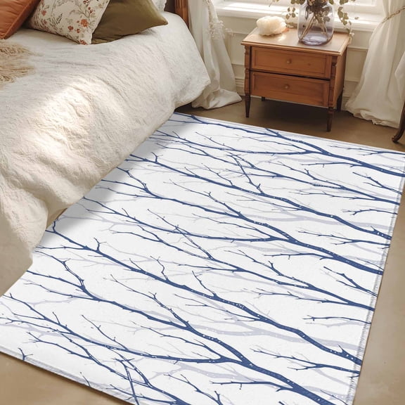Area Rug for Living Room, Navy Blue Branches Non-Slip Indoor Large Carpet for Bedroom/Dining Room, Modern Abstract Art Forest Silhouettes Washable Low-Profile Floor Mat Runner Rugs - 2.7 x 5 Ft