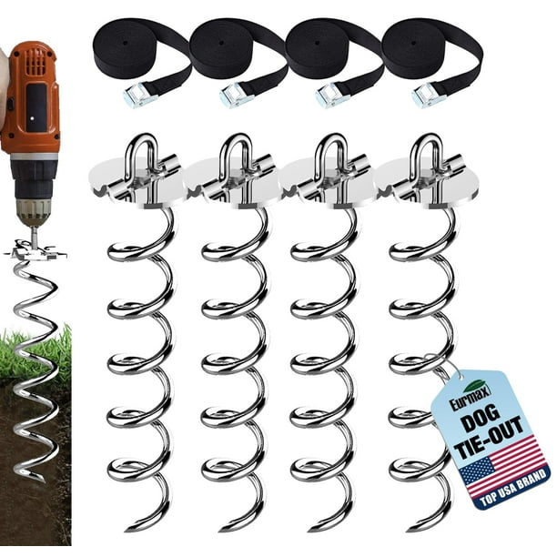 Eurmax USA Paquete de 4 estacas en espiral, kit de anclaje resistente, anclaje de tornillo para hielo para trampolín, tiendas de campaña, lonas, toldos, puertos de coche, amarre para perros, etc., paq