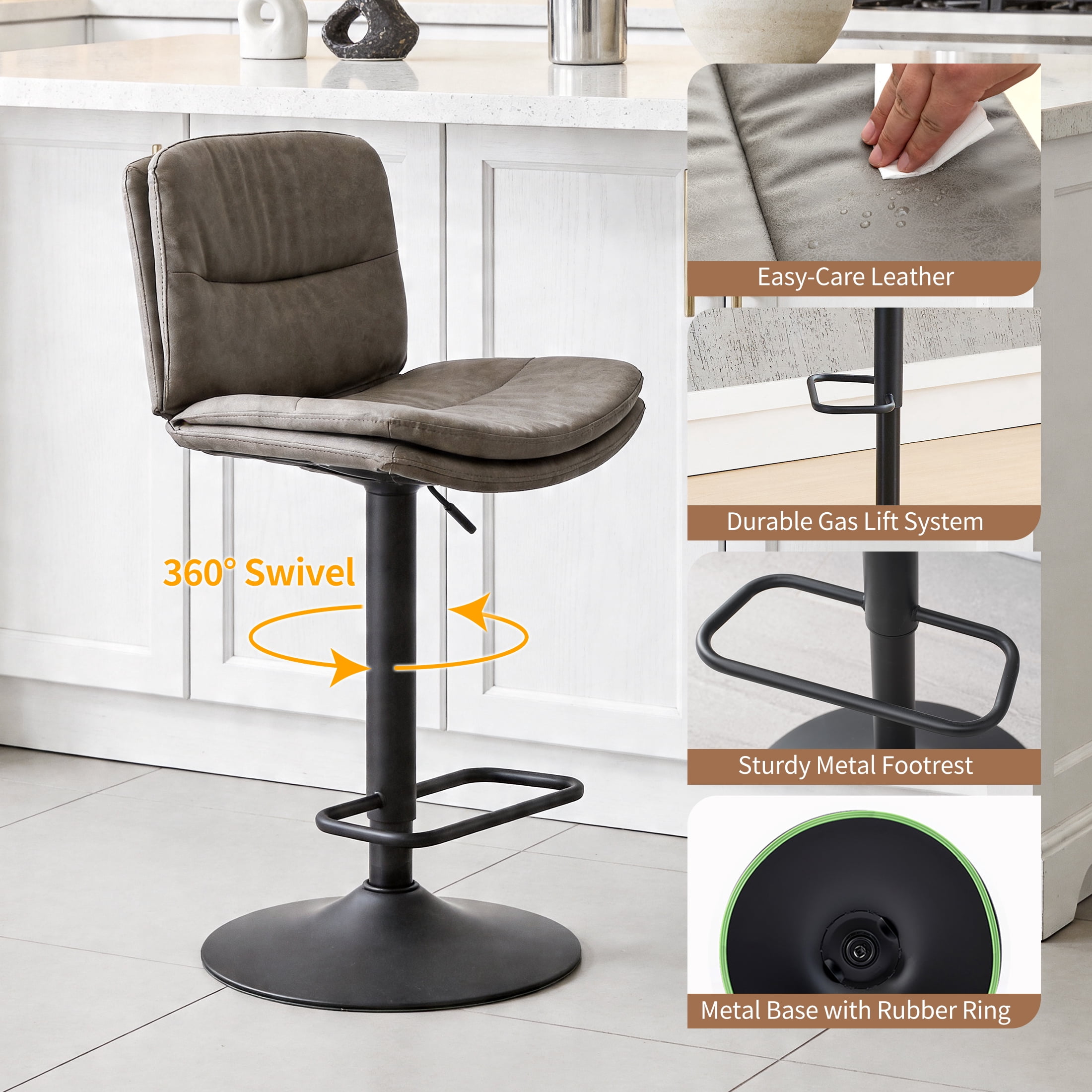 FIRAVOE Swivel Bar Stools Set of 2, Double-Layer Upholstered Counter Height Bar Stools with Back, PU Leather Height Adjustable Barstools for Kitchen Island, Gray