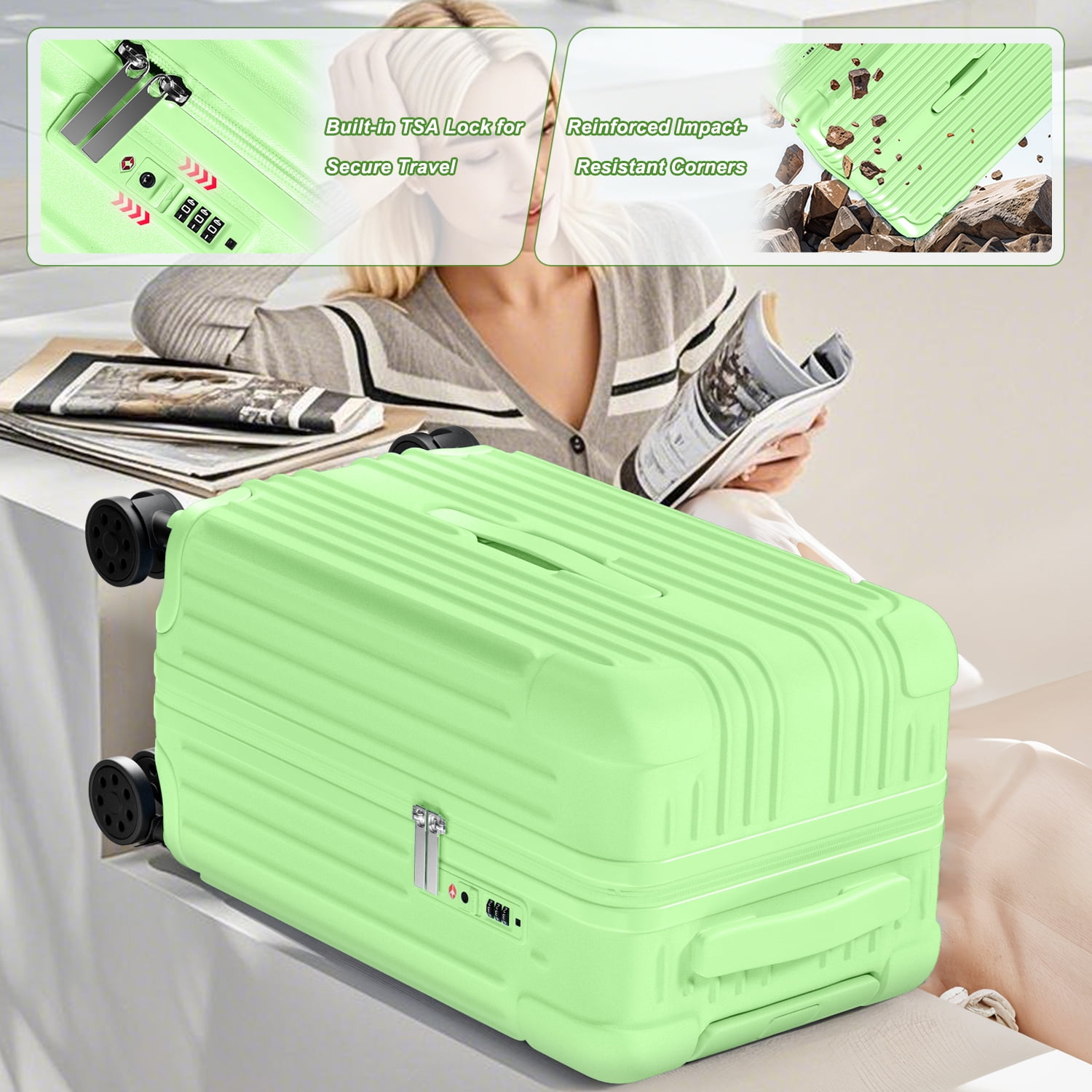 Checked Luggage PC ABS Hardshell Suitcase with Spinner Wheels TSA Lock USB Port and Cup Holder 28 inch AppleGreen