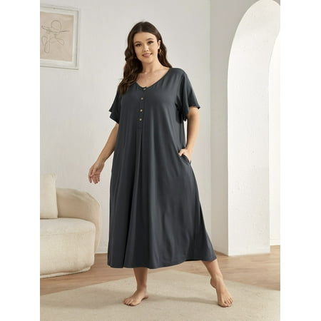 

Women s Plus Half Button Hidden Pocket Nightdress 1XL(14) Navy Blue Casual F22001D