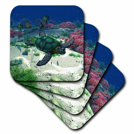 - 3dRose Sea turtle swims through the ocean with tropic fishes corals and more, Ceramic Tile Coasters, set of 4